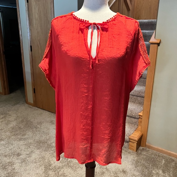 Women's Cap Sleeve Tie Front Blouse with Lace Inset - Picture 13 of 15